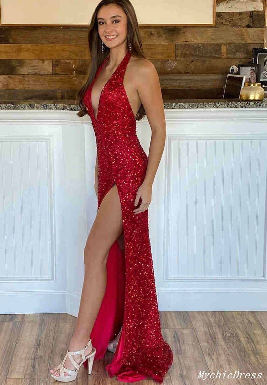 Sexy Deep V Neck Red Sequins Prom Dresses Long Evening Gown with Slit MyChicDress