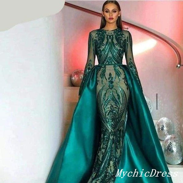 Sexy Emerald Green Lace Prom Dresses Long Sleeves with Detachable Train MyChicDress