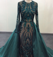 Sexy Emerald Green Lace Prom Dresses Long Sleeves with Detachable Train MyChicDress