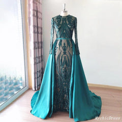 Sexy Emerald Green Lace Prom Dresses Long Sleeves with Detachable Train MyChicDress