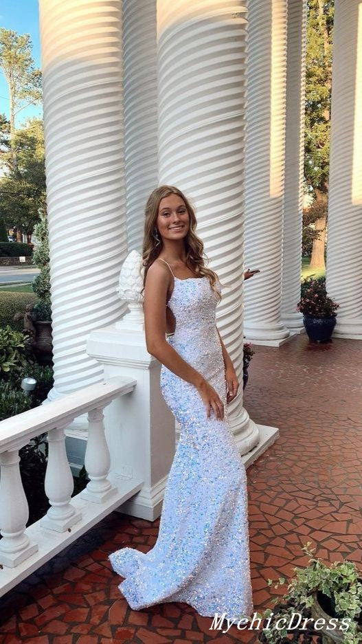 Sexy Glitter Mermaid Sequin Prom Dresses Spaghetti Straps Long Evening Gown MyChicDress