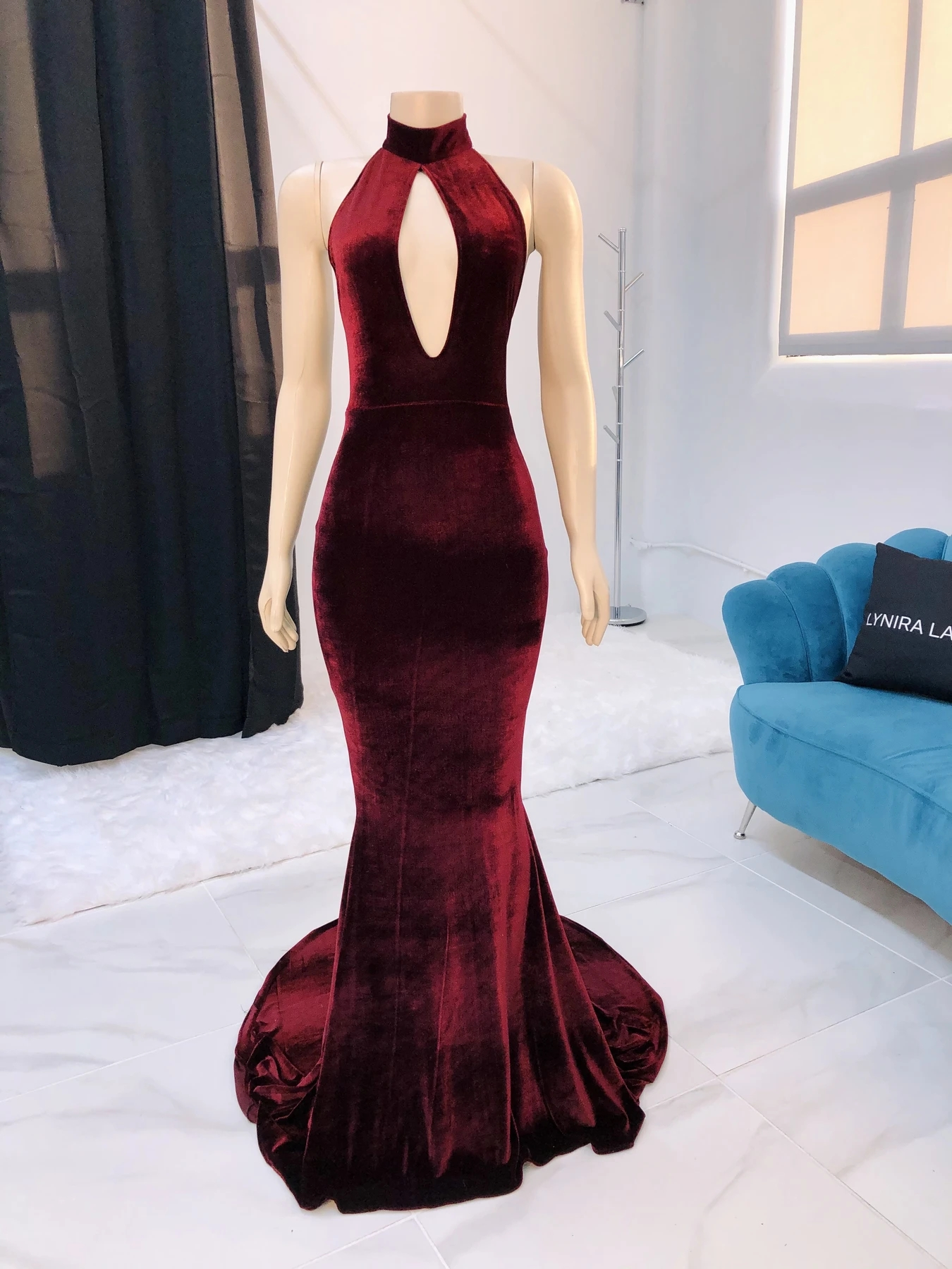 Sexy Halter Burgundy Winter Wedding Guest Dresses Velvet Prom Dresses Sleeveless MyChicDress