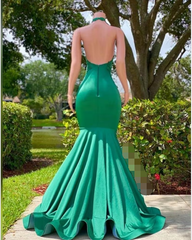 Sexy Long Green Lace Prom Dresses Open Back Mermaid Halter Dress MyChicDress