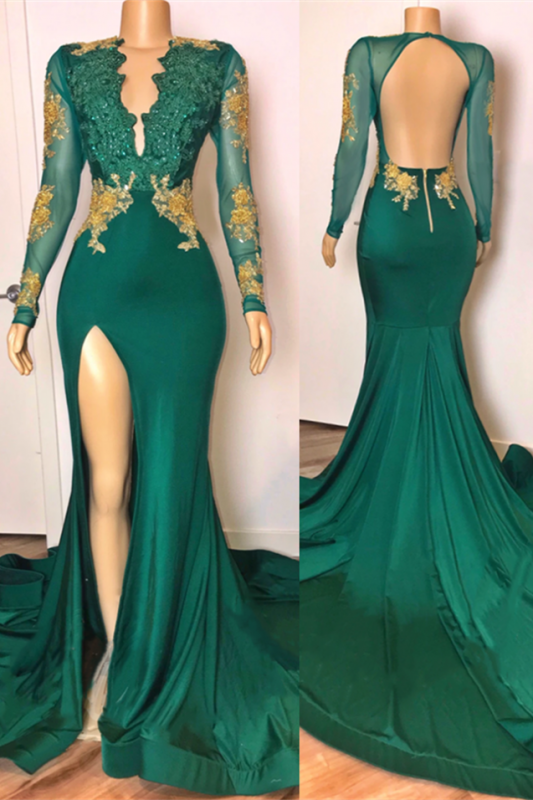 Sexy Long Sleeves Emerald Green Prom Dresses On Sale Open Back Side Slit MyChicDress