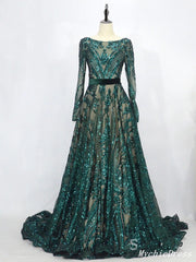 Sexy Long Sleeves Green Lace Prom Dresses Open back MyChicDress