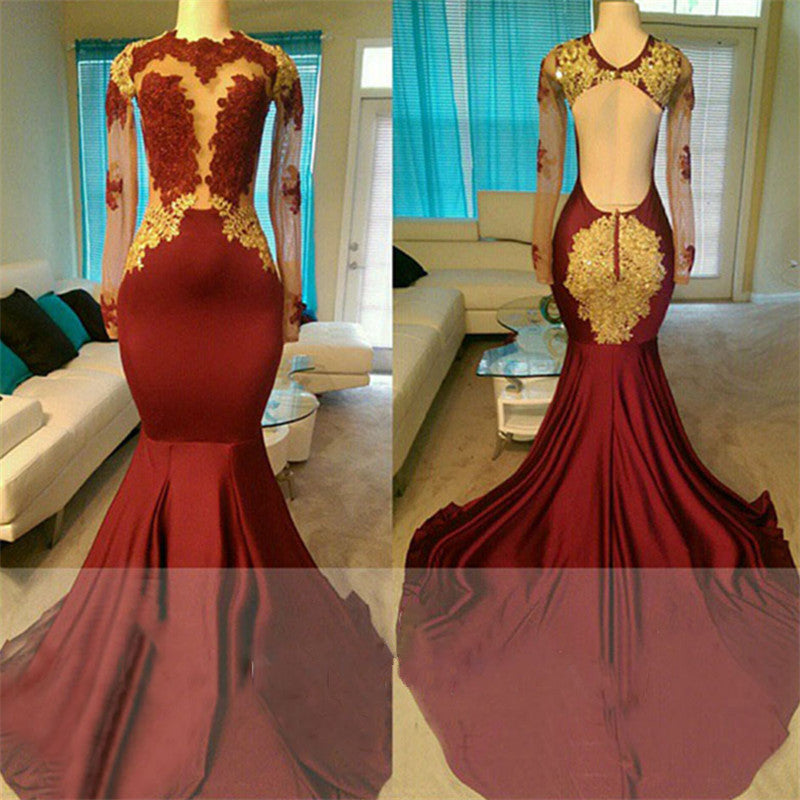 Sexy Long Sleeves Open Back Burgundy Gold Prom Dresses On Sale MyChicDress