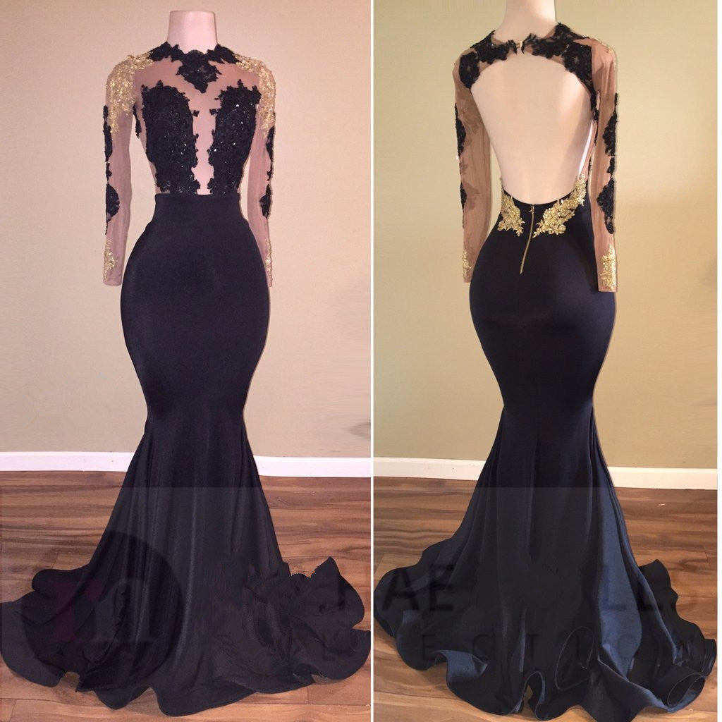 Sexy Mermaid Black Gold Long-Sleeve Prom Dresses - MyChicDress