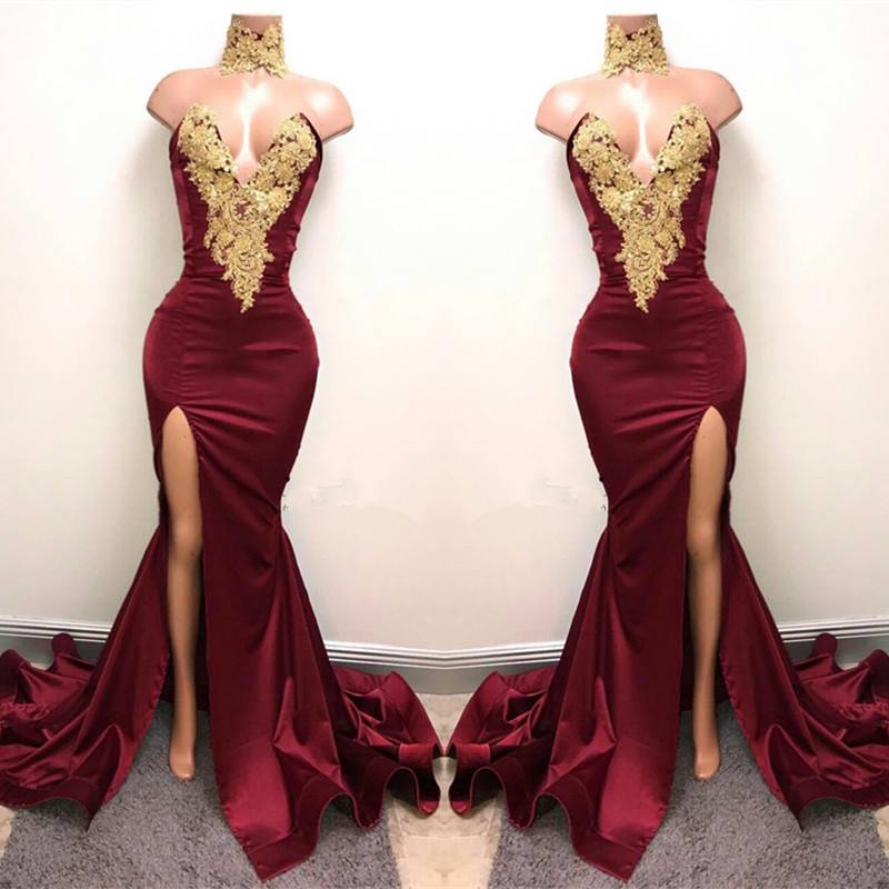 Sexy Mermaid Front-Split Lace High Neck Burgundy Prom Dresses - MyChicDress