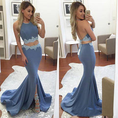 Sexy Mermaid Halter two Pieces Prom Dresses Backless Front-Split - MyChicDress