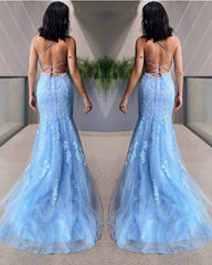 Sexy Mermaid Light Blue Lace Prom Dresses Open Back MyChicDress