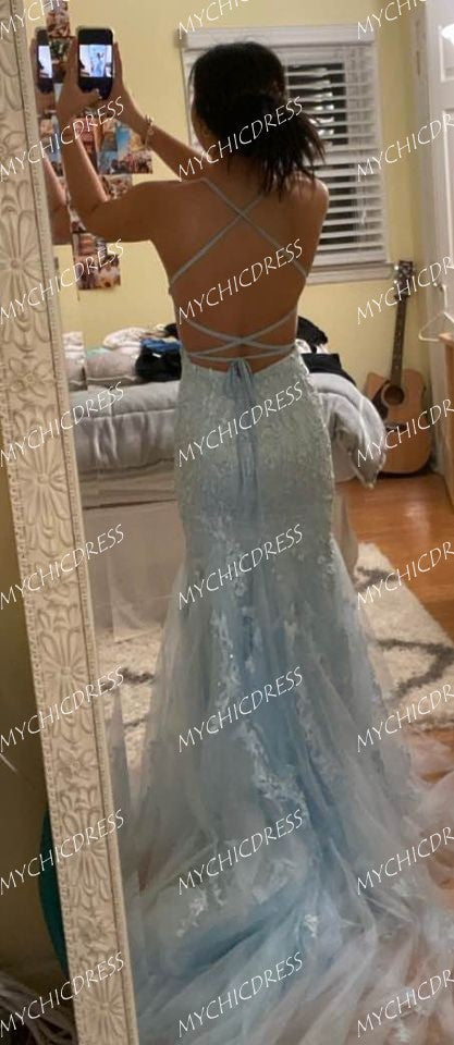 Sexy Mermaid Light Blue Lace Prom Dresses Open Back MyChicDress