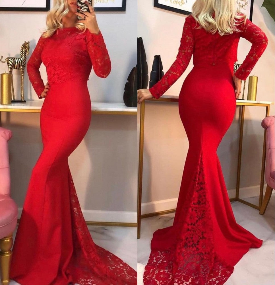 Sexy Mermaid Long Sleeves Red Lace Prom Dresses MyChicDress