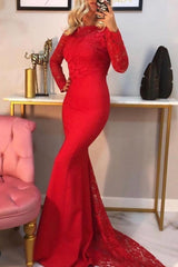 Sexy Mermaid Long Sleeves Red Lace Prom Dresses MyChicDress