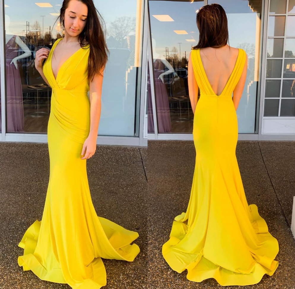 Sexy Mermaid Yellow Prom Dresses V-Neck Evening Gowns - MyChicDress