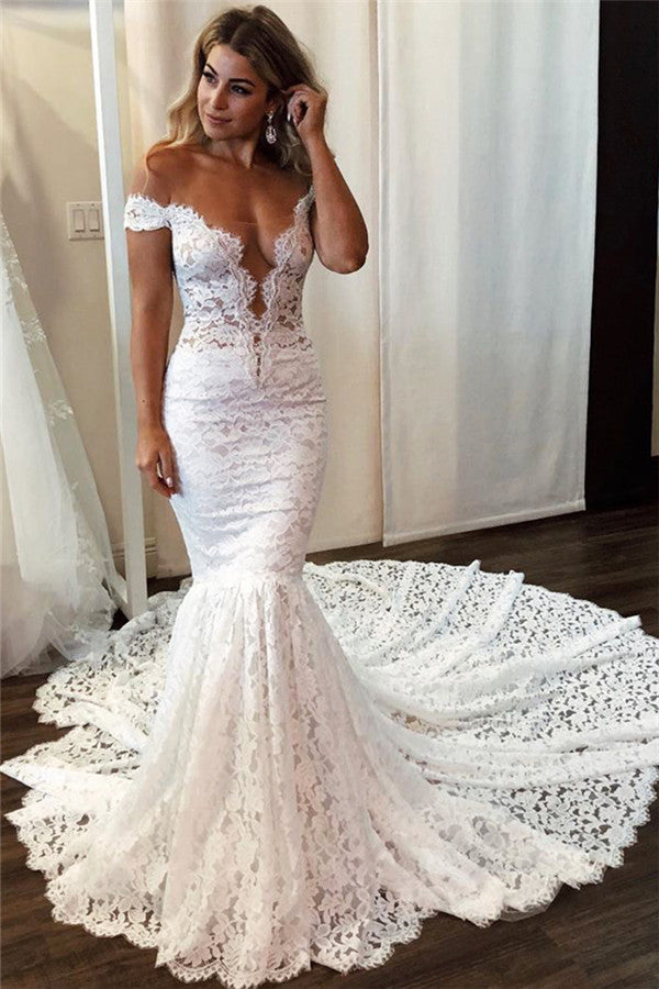 Sexy Off-the-Shoulder Floral Lace Beach Wedding Dresses MyChicDress