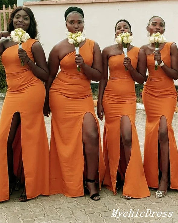 Sexy One Shoulder Mermaid Orange Bridesmaid Dresses UK with Split MyChicDress