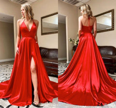 Sexy Red Satin Prom Dresses V Neck Long Evening Formal Gown with Split MyChicDress