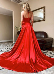 Sexy Red Satin Prom Dresses V Neck Long Evening Formal Gown with Split MyChicDress