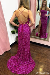 Sexy Sequin Evening Dresses Fuchsia Long Mermaid Cheap Prom Dress Split MyChicDress