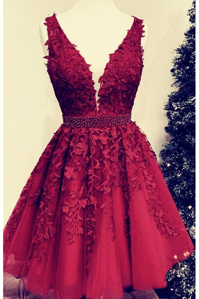 Sexy Short V-neck Red Lace Prom Dresses Cheap Party Dress MyChicDress