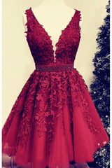 Sexy Short V-neck Red Lace Prom Dresses Cheap Party Dress MyChicDress