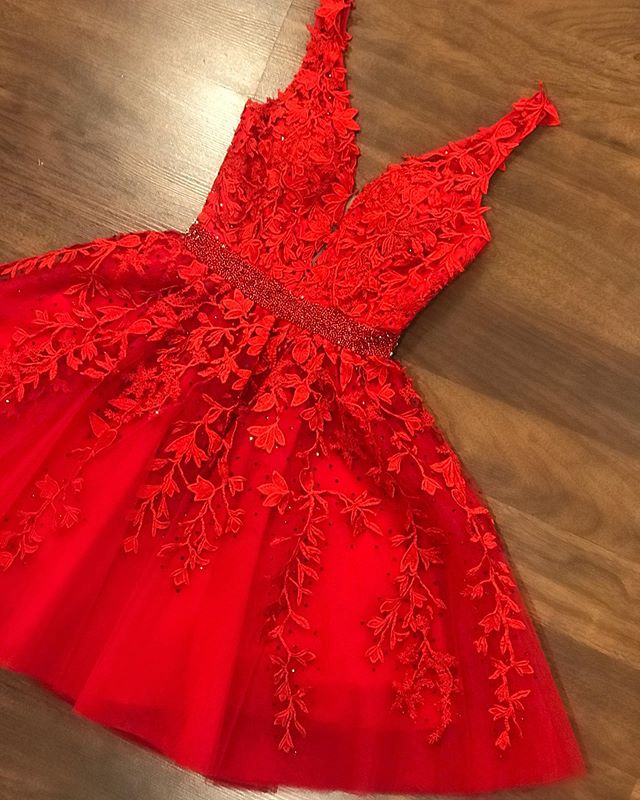 Sexy Short V-neck Red Lace Prom Dresses Cheap Party Dress - MyChicDress