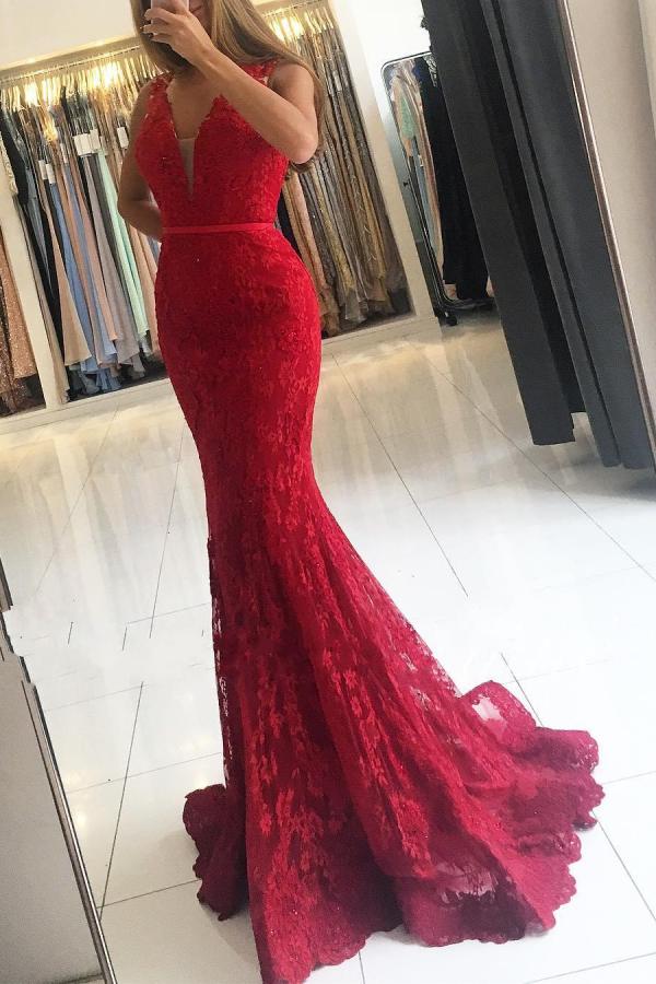 Sexy Sleeveless Mermaid Red Lace Prom Dresses V Neck MyChicDress