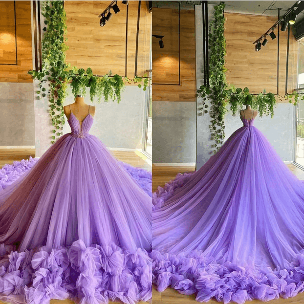 Sexy Spaghetti Straps Lavender Tulle Wedding Dresses Beading Bodice MyChicDress