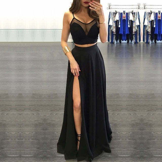 Sexy Split Tulle Chiffon Black Two Piece Prom Dresses - MyChicDress