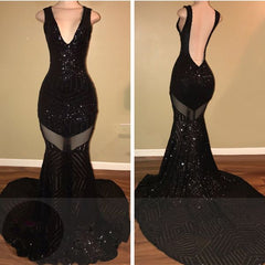 Sexy V-neck Black Sequined Burgundy Prom Dresses - MyChicDress