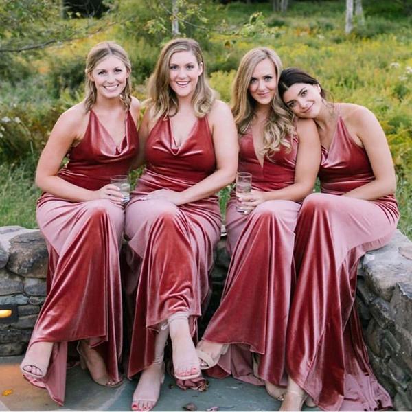 Sexy V-neck Vintage Rust Velvet Bridesmaid Dresses Long MyChicDress