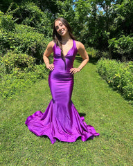 Sexy Mermaid Purple 2024 Prom Dresses Simple Long V Neck Formal Dress
