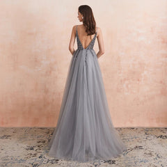 Sheath Beading Sequins Sleeveless V Neck Tulle Prom Dresses MyChicDress