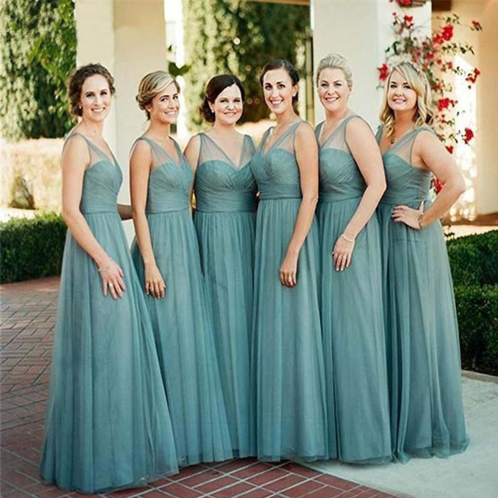 Sheath Floor-Length Tulle Dusty Blue Bridesmaid Dresses Sleeveless MyChicDress