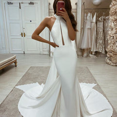 Sheath Ivory Halter Minimalist Wedding Dresses Sleeveless Open Back MyChicDress