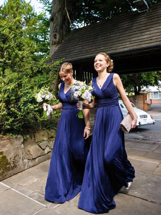 Sheath Long Royal Blue Bridesmaid Dresses V Neck Pleated Sleeveless MyChicDress