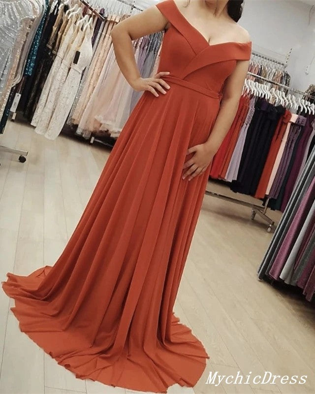 Sheath Off Shoulder Rust Chiffon Bridesmaid Dresses Rust Long Party Dress MyChicDress