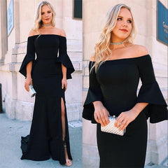 Sheath Off-the-shoulder Black Prom Dresses Bell-Sleeves - MyChicDress