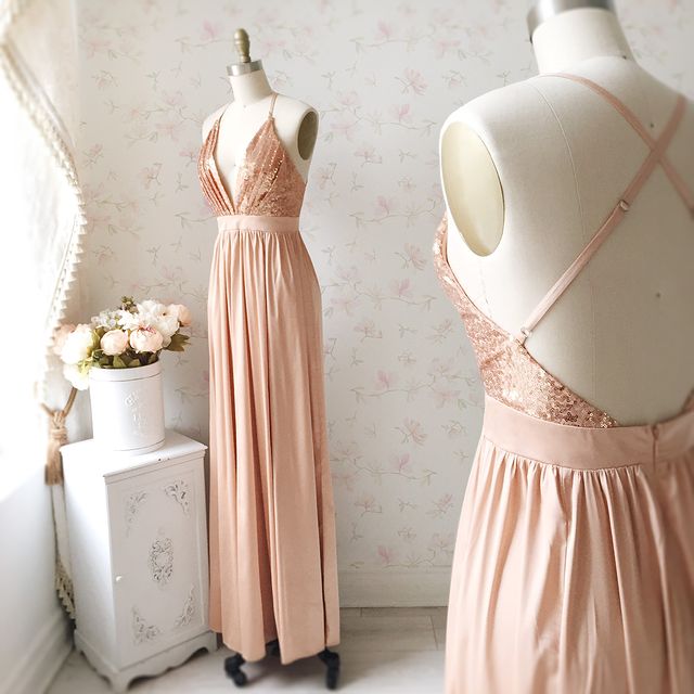 Sheath Rose Gold Bridesmaid Dresses Sequin V Neck Wedding Guest Dress MyChicDress