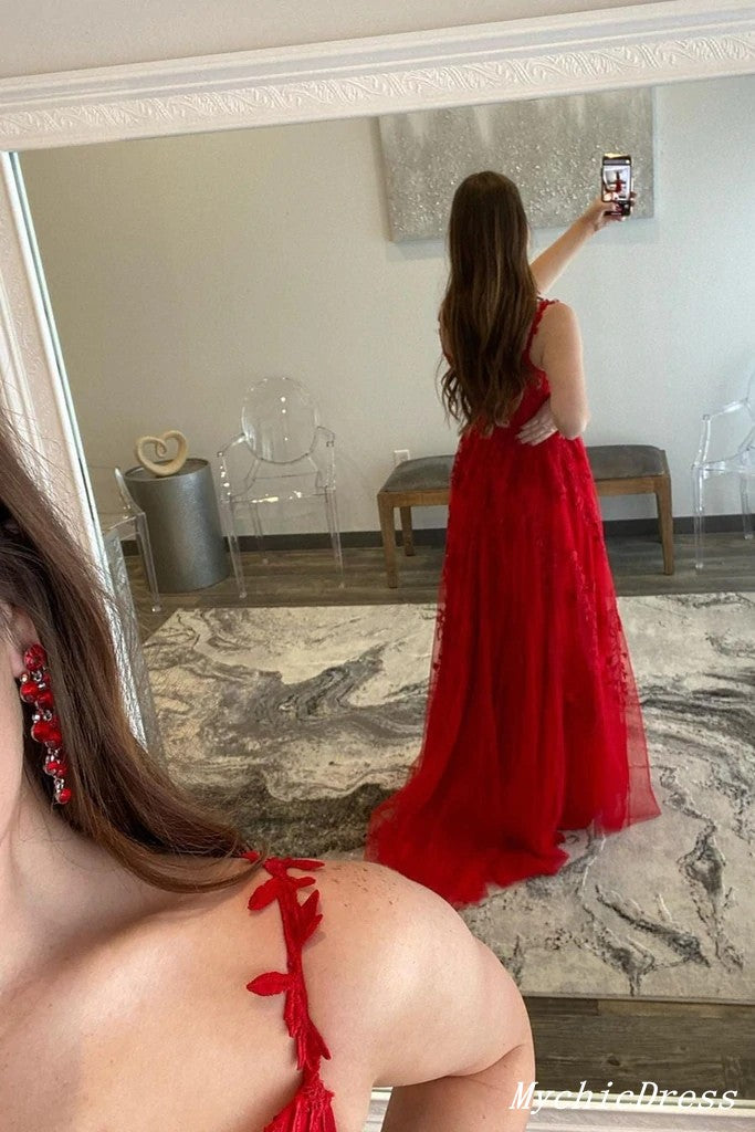 Sheath V Neck Red Lace Prom Dresses UK Long Evening Gowns MyChicDress