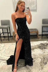 Shiny Black Sequins Prom Dresses Strapless Long Mermaid Formal Dresses MyChicDress