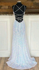 Shiny Mermaid Sequins Long White Prom Dresses V Neck Sleeveless Formal Dresses MyChicDress