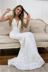 Shiny Sequin Prom Dresses Iridescent White Long V-Neck Mermaid Evening Dress MyChicDress