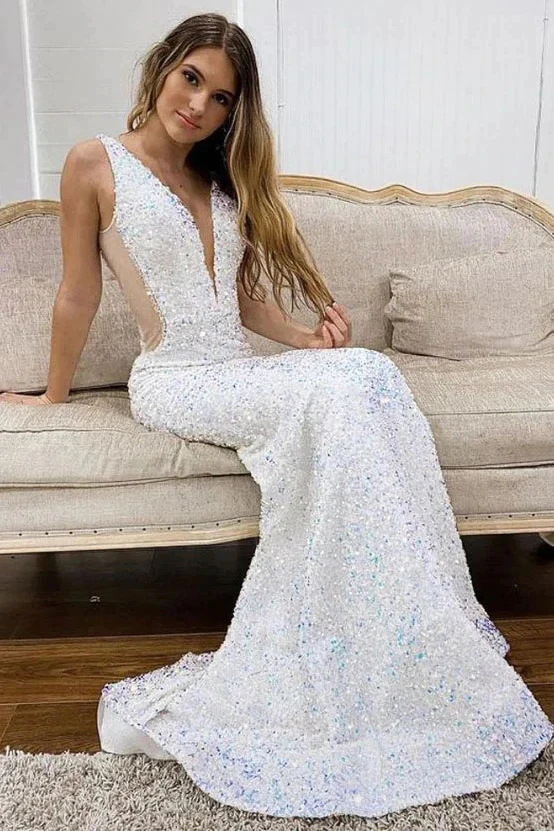 Shiny Sequin Prom Dresses Iridescent White Long V-Neck Mermaid Evening Dress MyChicDress