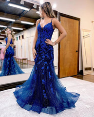 Shiny Royal Blue Tulle Prom Dresses V Neck Mermaid Graduation Dress with Appliques