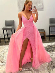 Shiny V Neck Sequins Hot Pink Prom Dresses 2024 Long Mermaid High Slit with Train