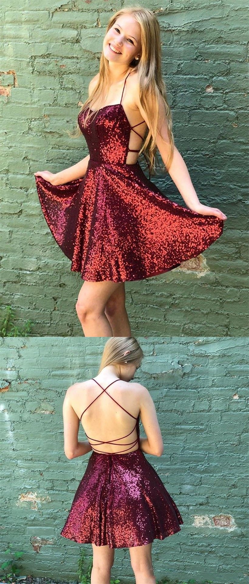 Short Burgundy Sequin Prom Dresses Mini A Line Hoco Dress Spaghetti Straps MyChicDress