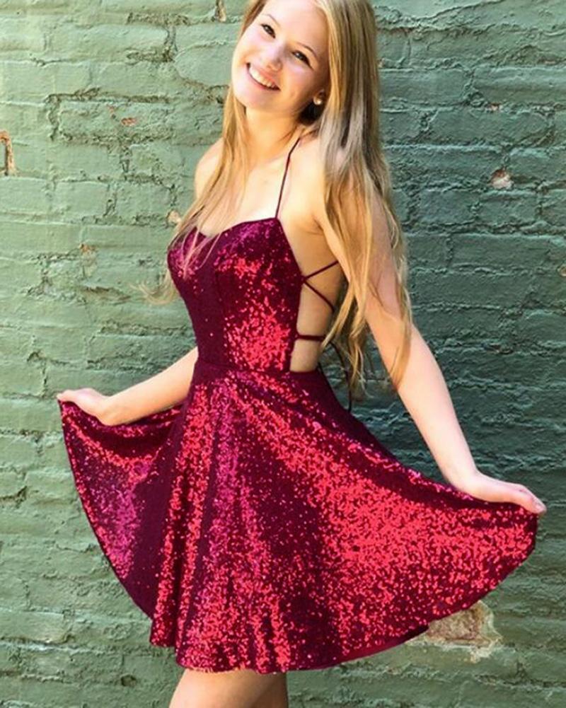 Short Burgundy Sequin Prom Dresses Mini A Line Hoco Dress Spaghetti Straps MyChicDress