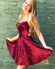 Short Burgundy Sequin Prom Dresses Mini A Line Hoco Dress Spaghetti Straps MyChicDress