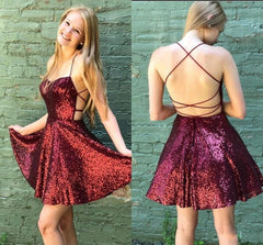 Short Burgundy Sequin Prom Dresses Mini A Line Hoco Dress Spaghetti Straps MyChicDress